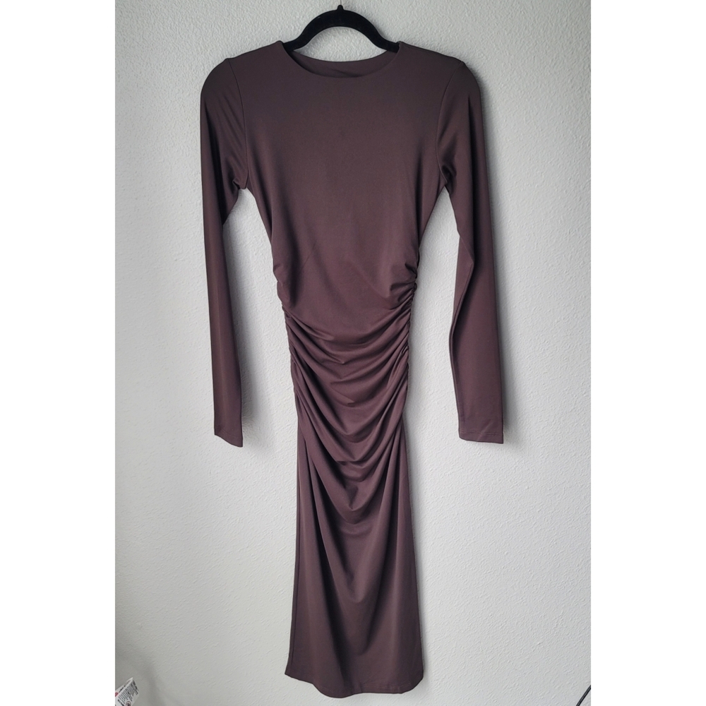 Susana Monaco Ruched Long Sleeve Midi Dress Size XS In Java Chocolate Brown NWT